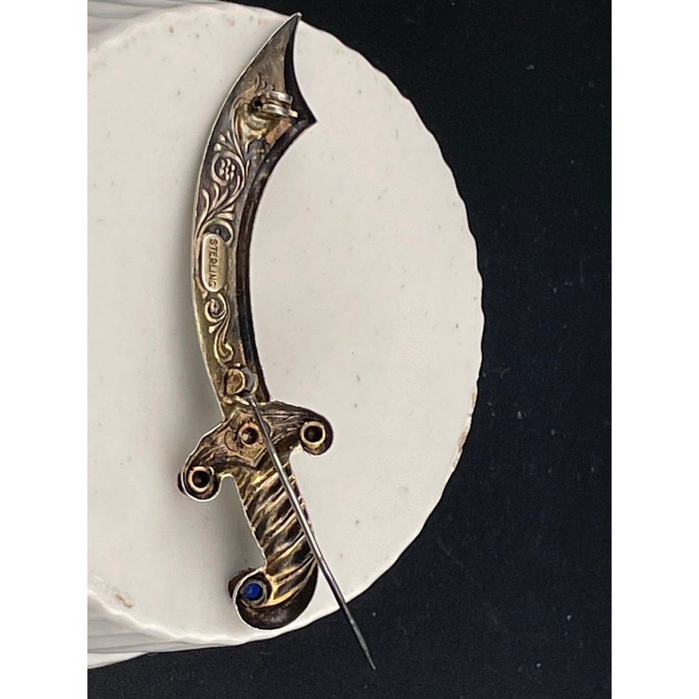 Vintage Sterling Silver Sword Brooch Curved Dagger Scimitar Rhinestone Hilt Pin - Picture 9 of 11